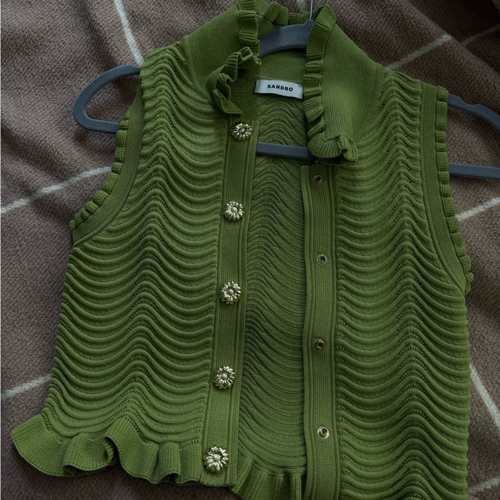 Sandro Olive Knit Vest with Floral Accents